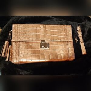 Coach Rehab Legacy Liquid Metallic Croc Embossed Lock Clutch Rosegold $398
